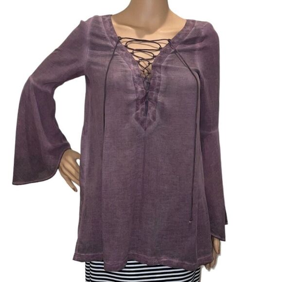 Rock And Republic Shirt Women's XS Purple Bell Sleeve Lace Up V Neck - Picture 1 of 5